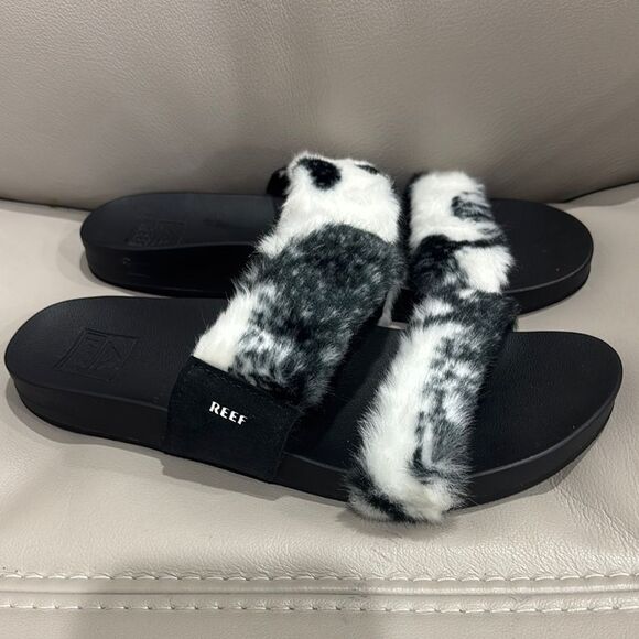 Reef Women's Black and White Fur Slide Sandals sz 7 - Picture 1 of 3